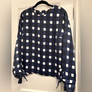 Banana Republic Navy and White Gingham Long Sleeve Silk Blouse w Tie Cuffs